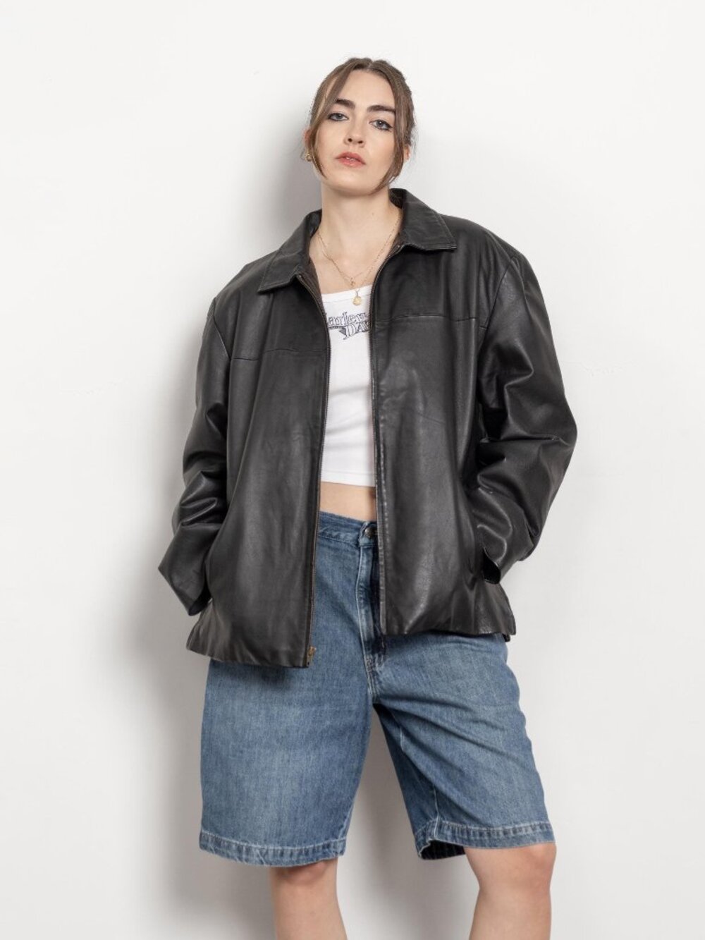 BLACK LEATHER Jacket Vintage Oversize Boxy Streetwear Menswear / Medium